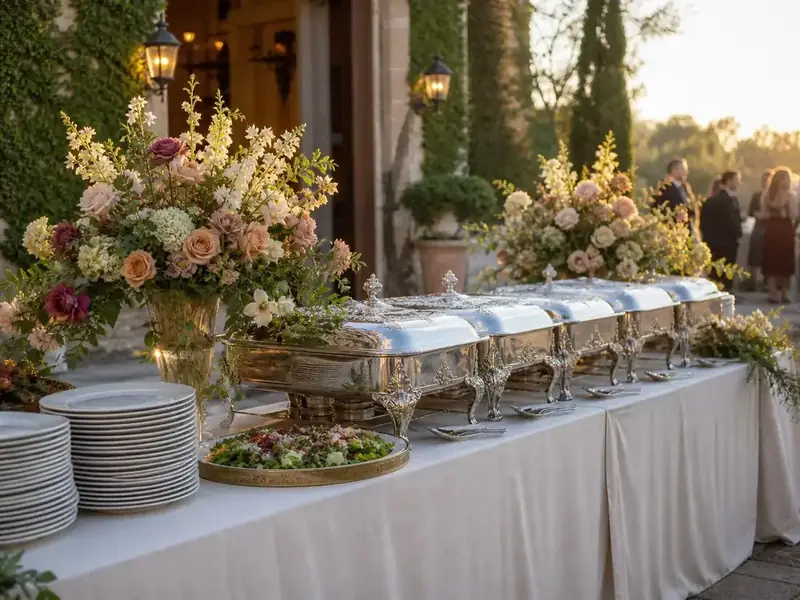 Airy floral styling with soft blooms, vintage-inspired chafers, and white draping along a reception buffet — event florals paired with Capitola and Santa Cruz catering